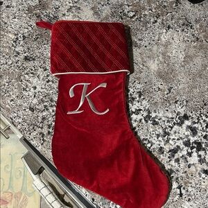 MONOGRAMMED SILVER METALLIC K RED VELVET CHRISTMAS STOCKING